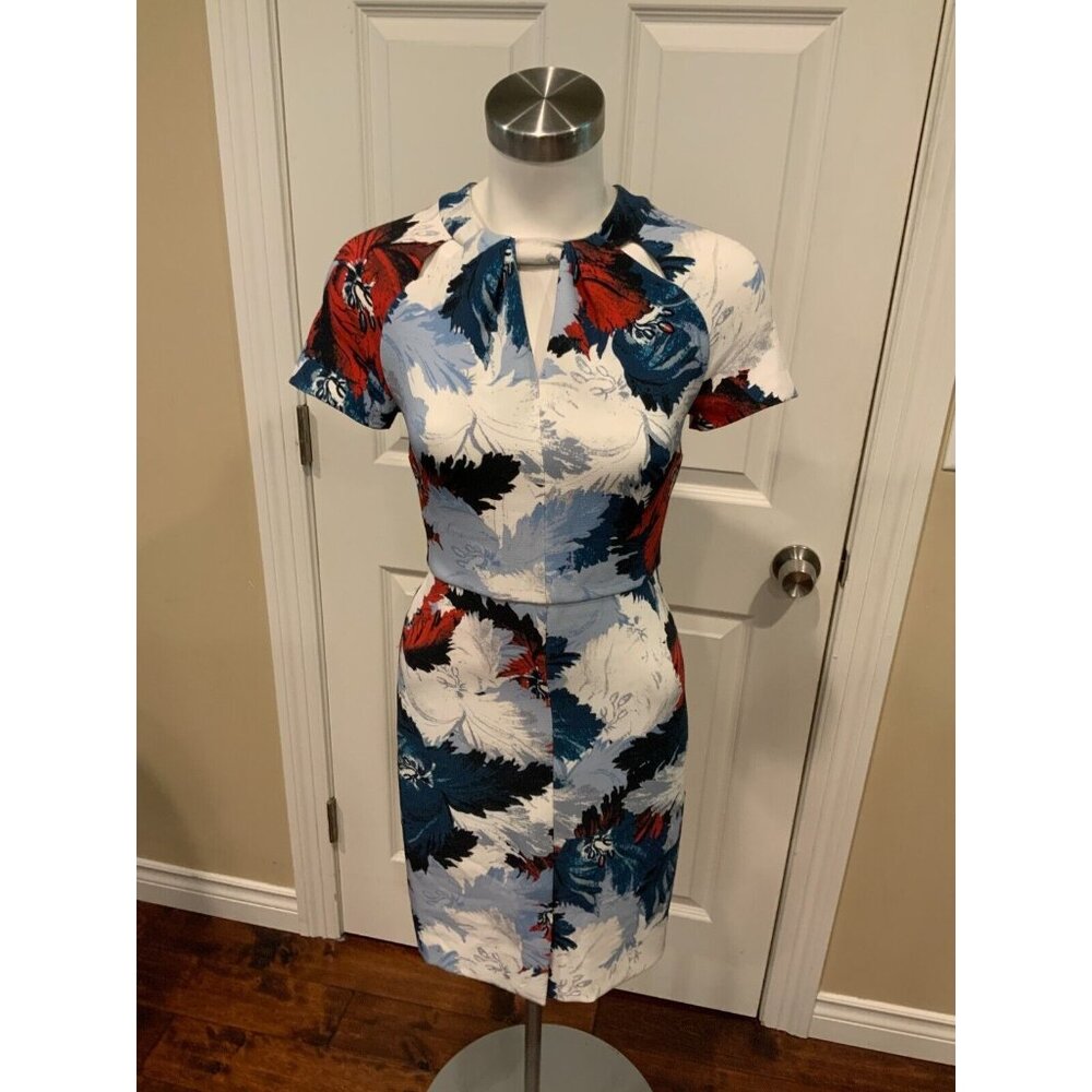 Erdem White, Blue & Red Floral Short Sleeve Cutout Sheath Dress, Size 0
